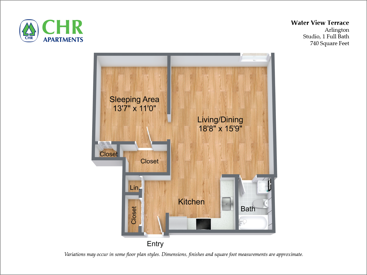 Floor plan for studio, 1 bath, 740 sqft